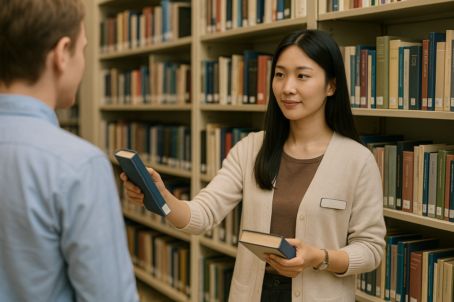 도서관에서 자료를 정리하는 사서의 모습