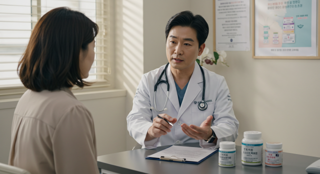 한국인 의사가 환자에게 보조제 부작용에 대해 상담하는 장면