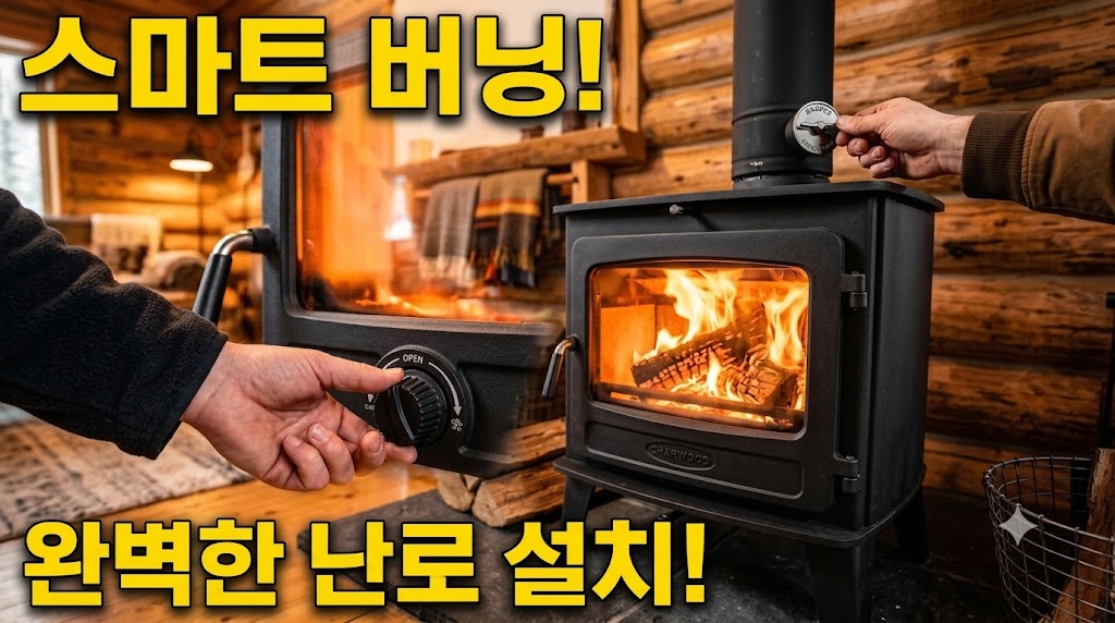 화목난로 전면 1차 흡기 밸브와 상부 배기 댐퍼를 직접 조절하는 모습