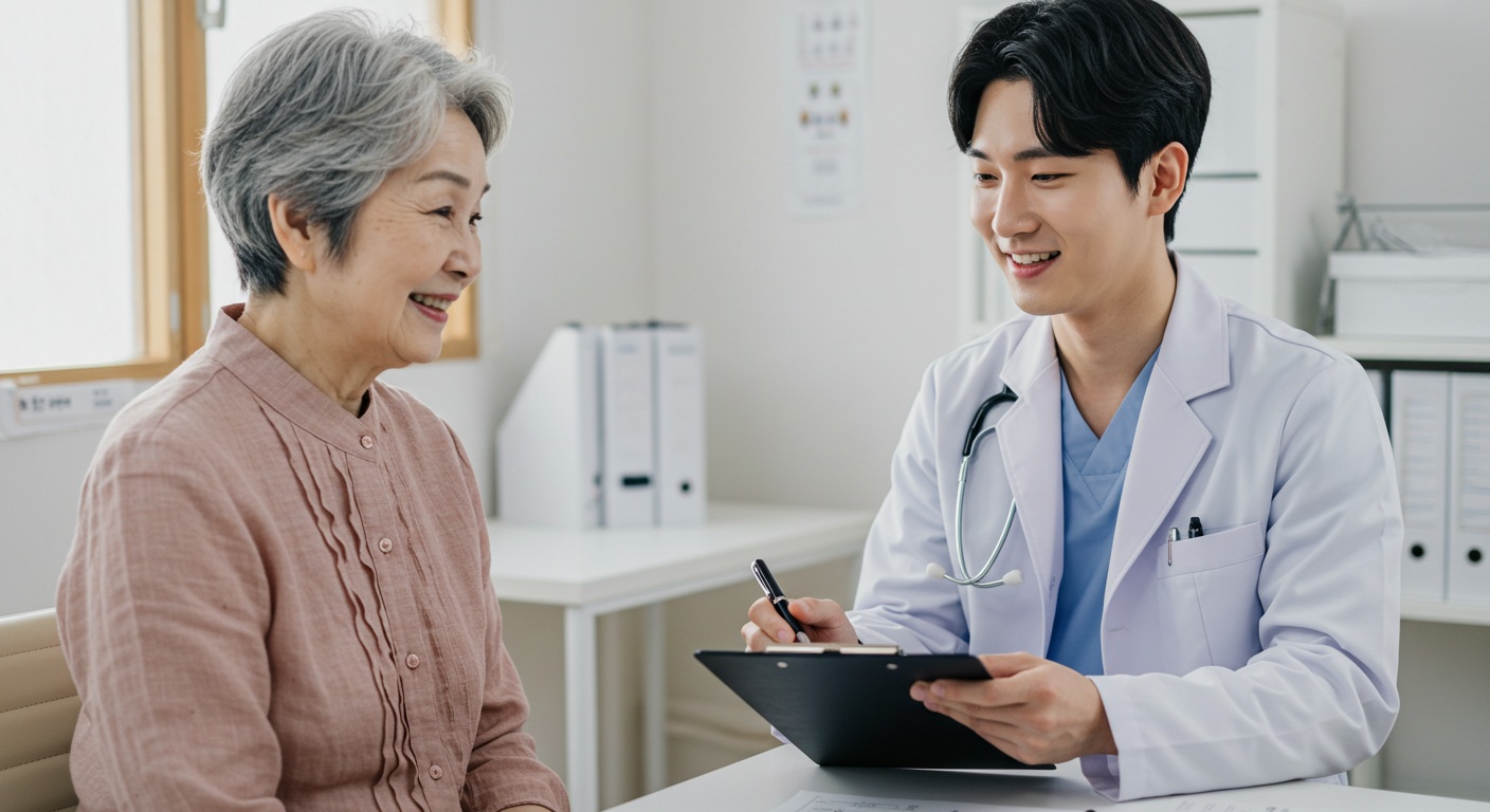웃으면서 대화하는 의사와 노년 환자