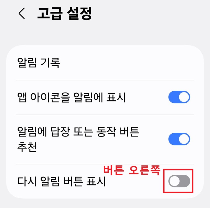 고급설정 페이지에 다시 알림 버튼 표시 보임