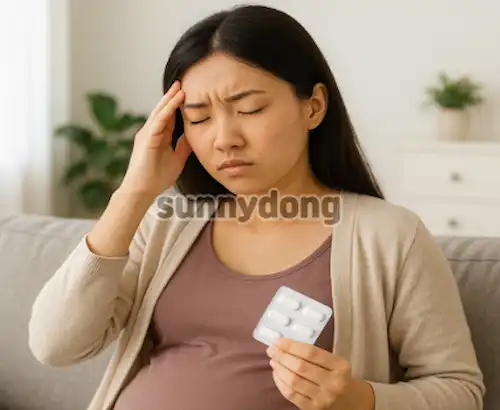 임신 중 두통으로 고민하며 타이레놀을 들고 망설이는 임산부