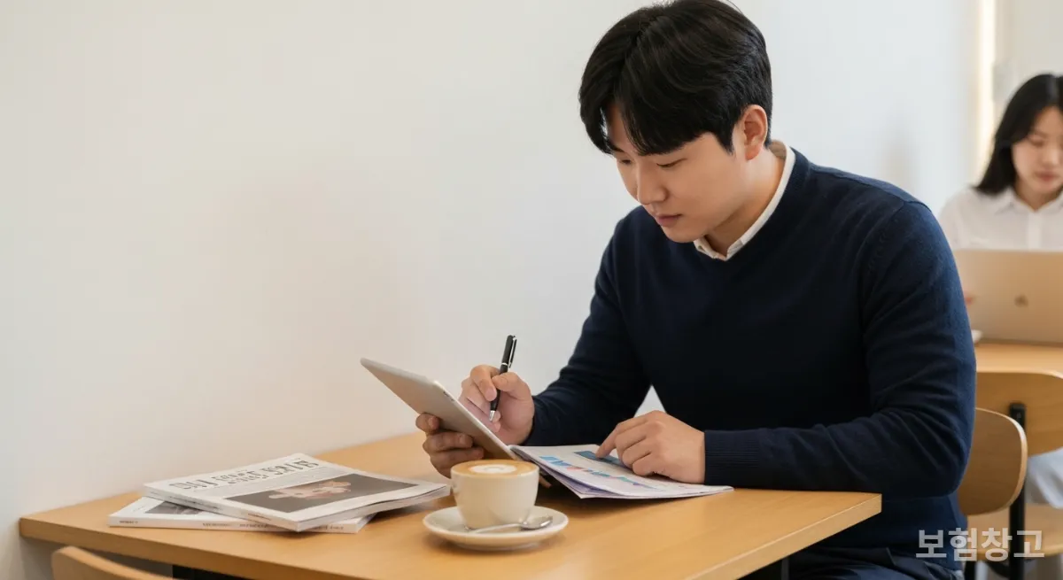 카페에서 태블릿으로 경제 뉴스를 분석하는 한국 청년