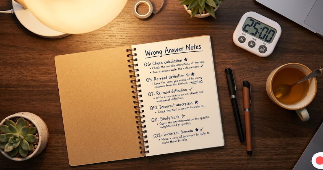오답 노트를 꼼꼼하게 정리하고 있는 책상 위 모습