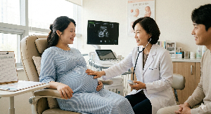 산부인과에서 남편과 함께 의사에게 진찰을 받으며 밝게 웃는 임산부