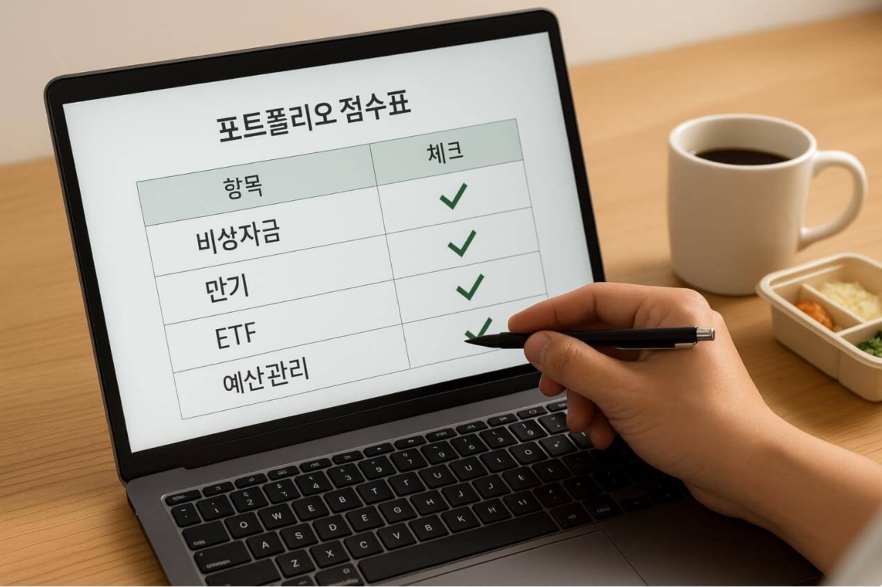 노트북 화면에 포트폴리오 점수표와 체크 항목 표시.
