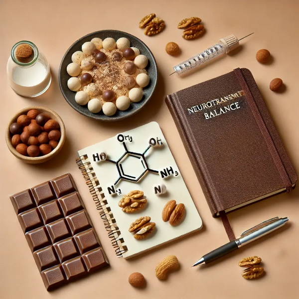 초콜릿, 견과류, 세로토닌 분자 모형, 메모장이 정돈된 스튜디오 컷