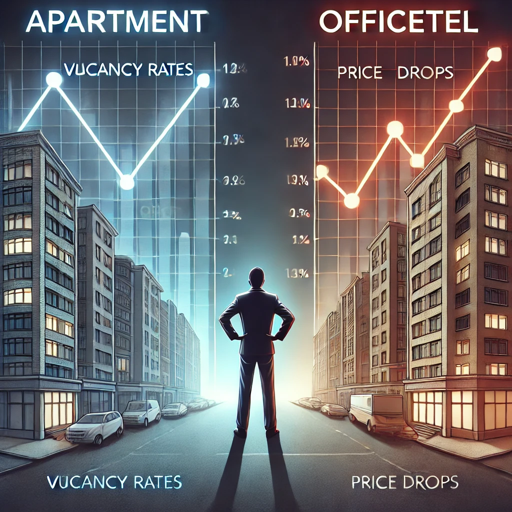 아파트 vs 오피스텔 투자 리스크: 공실률과 가격 변동성을 비교하며 투자 고민하는 모습.