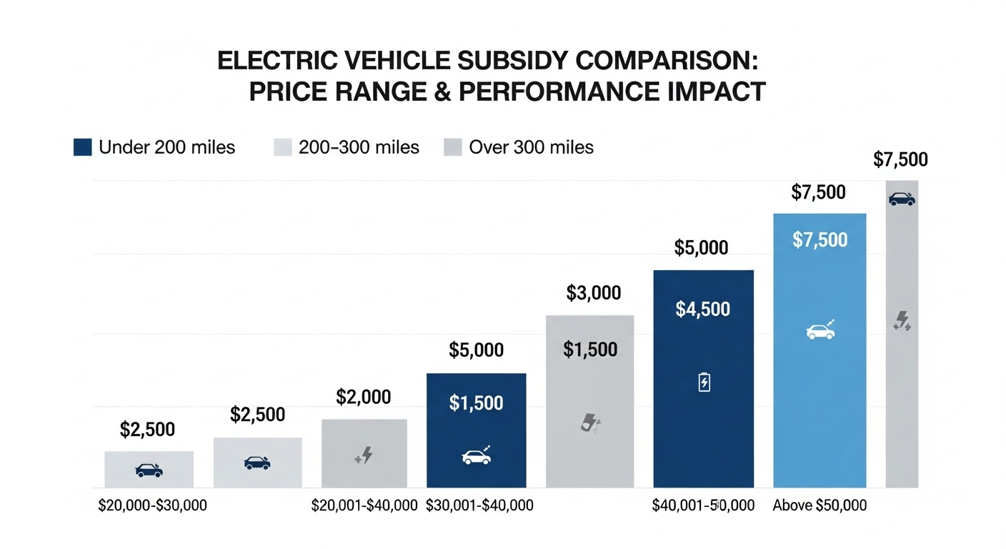 차량 가격과 주행 거리에 따른 전기차 보조금 변화를 시각적으로 보여주는 비교 인포그래픽