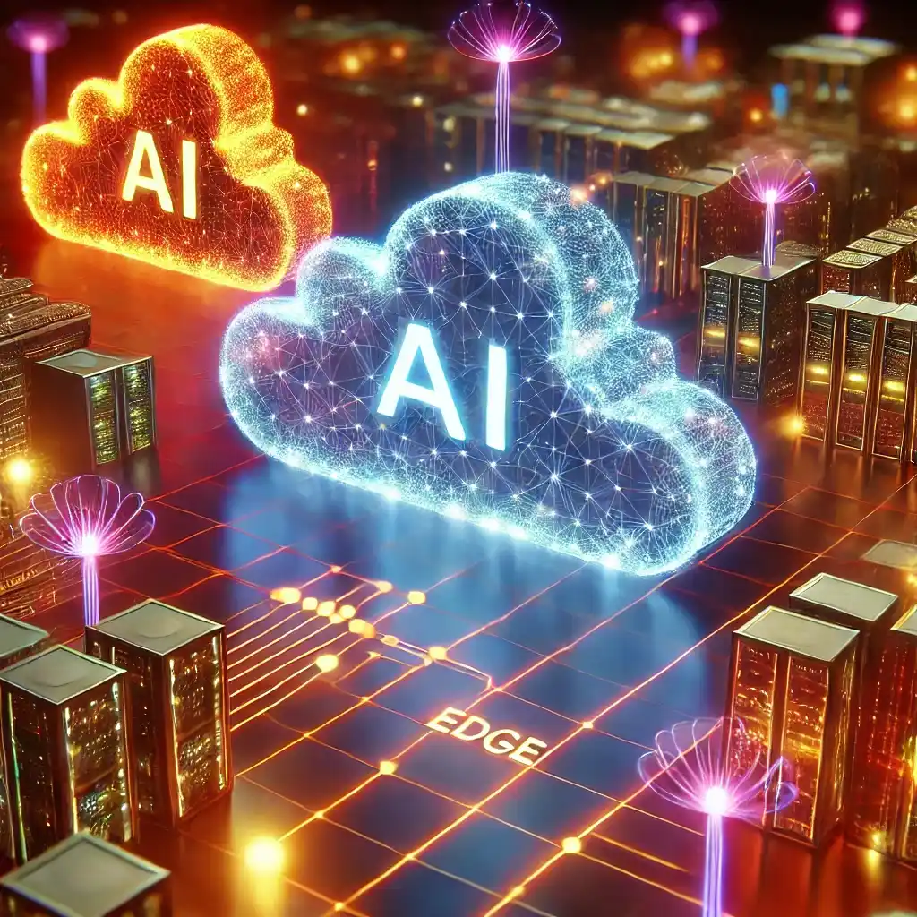3D artwork of cloud computing showing AI, edge devices, and quantum circuits interconnected by glowing paths.