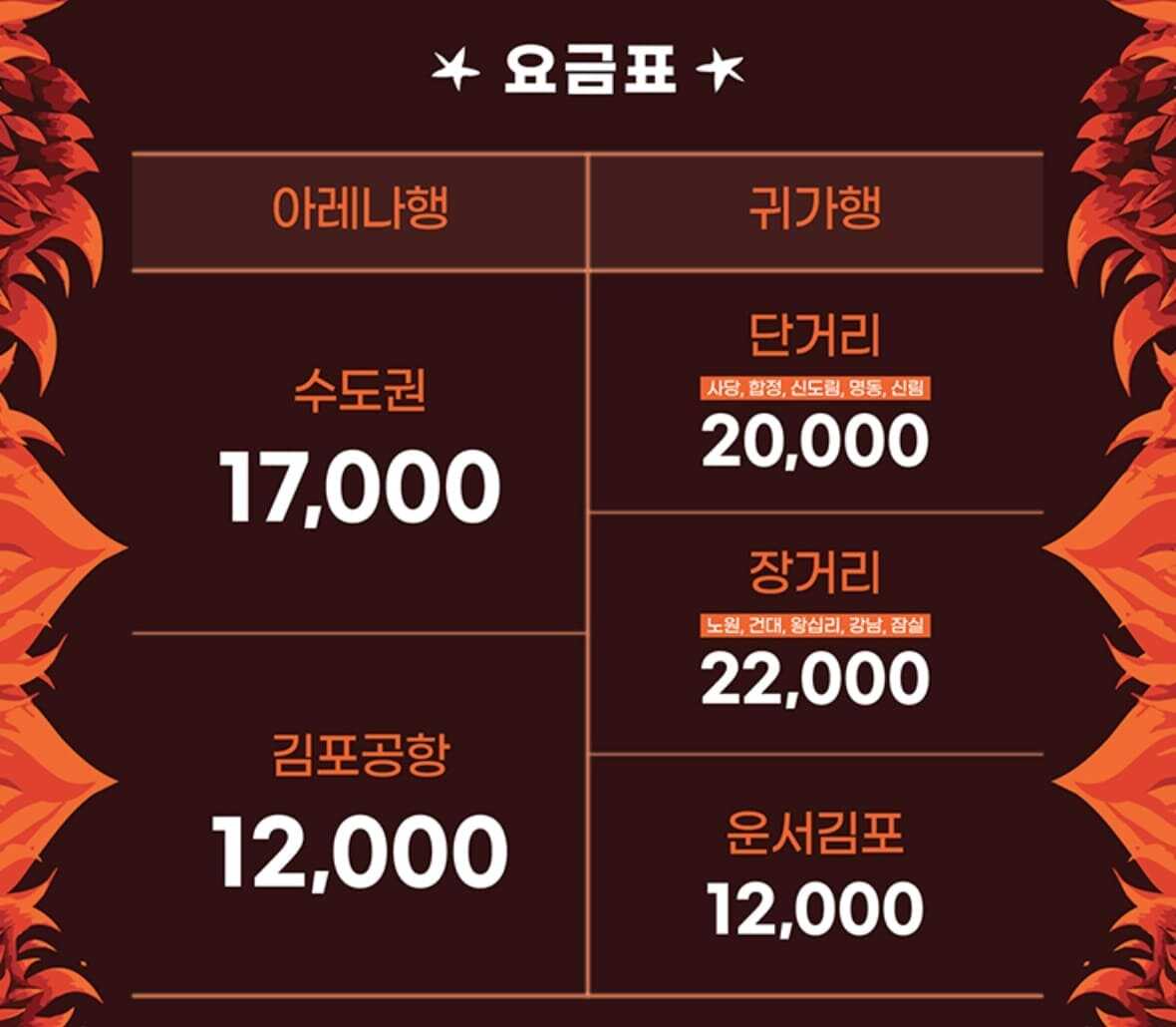 더 파워풀 꽃가마 서울 수도권 요금표