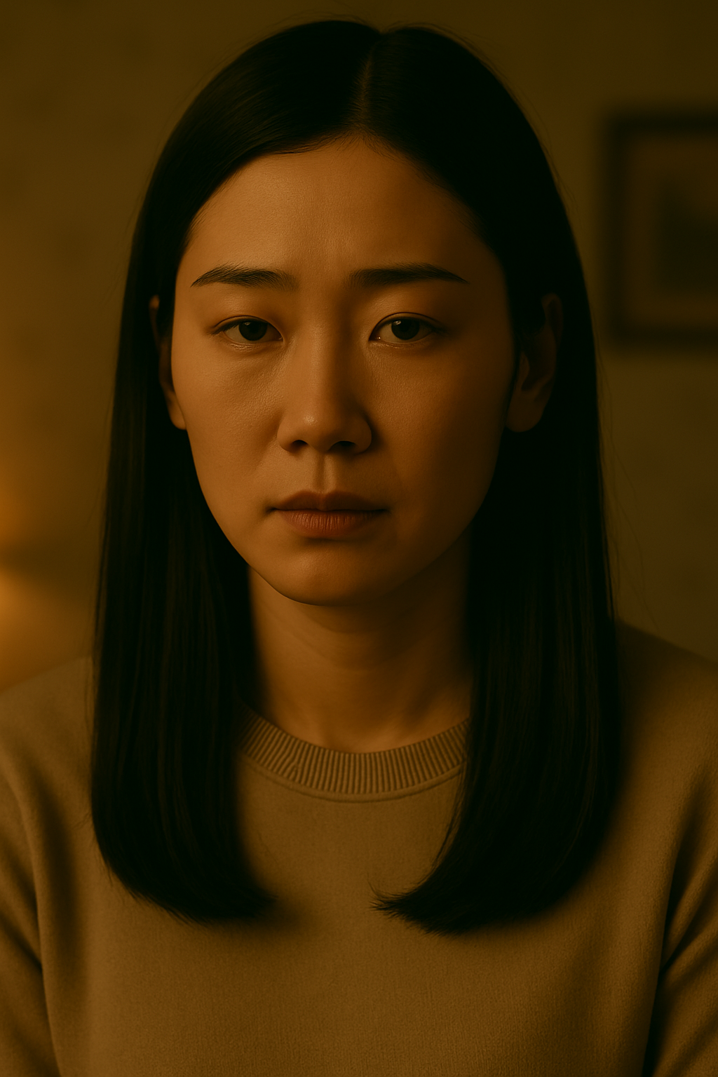 절제된 연기를 선보이는 주연 배우의 클로즈업 장면