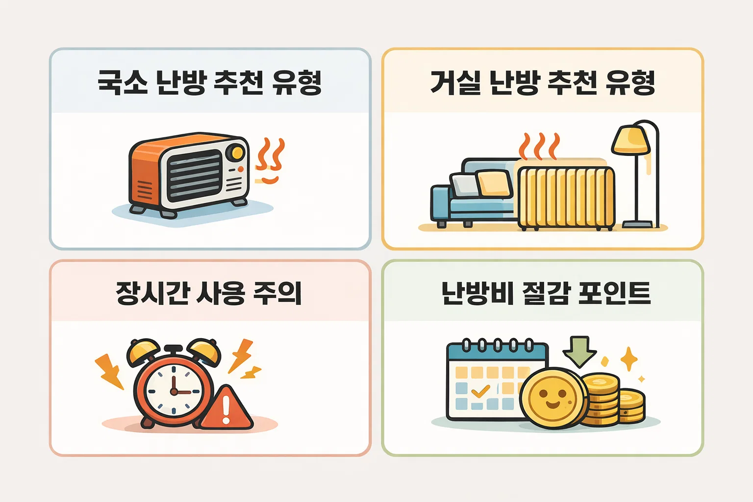 전기히터 사용 시 공간별 추천 유형, 장시간 사용 주의, 난방비 절감 포인트를 기준으로 효율적인 난방비 관리 방법을 제시한 이미지