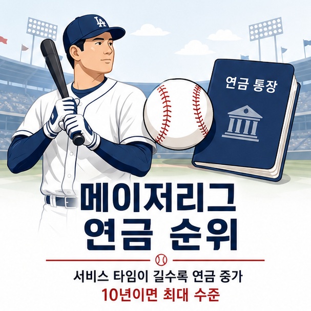 야구선수와 연금 통장을 함께 표현해 메이저리그 연금은 선수의 연봉보다 메이저리그 서비스 타임을 기준으로 금액이 달라짐을 보여 주는 그림