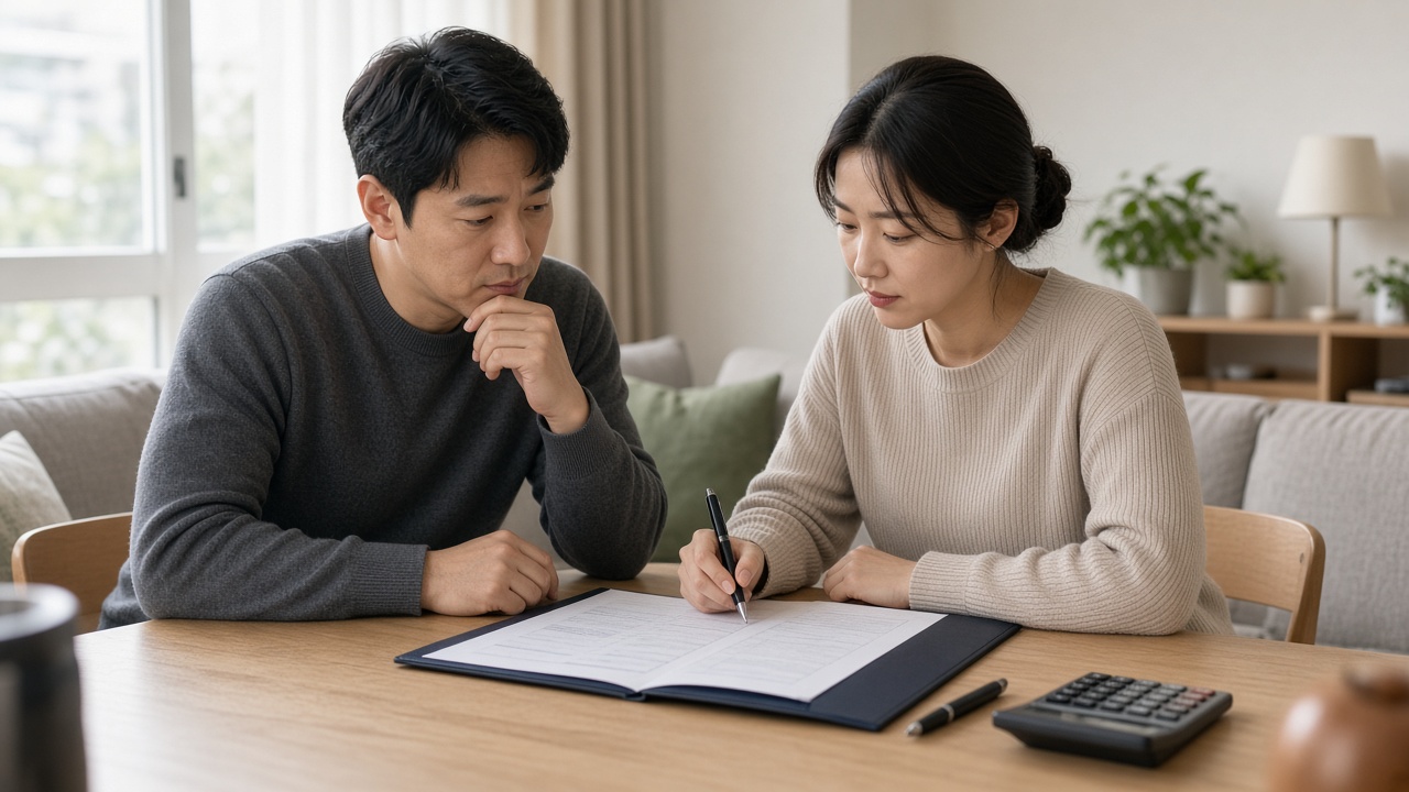 계약서와 계산기를 펼쳐 두고 취득세를 계산하는 30대 한국인 부부