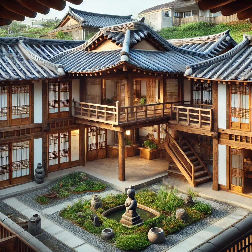 전통 한옥 스타일의 디자인을 가진 제주 펜션, 중앙에는 넓은 마당이 있음.