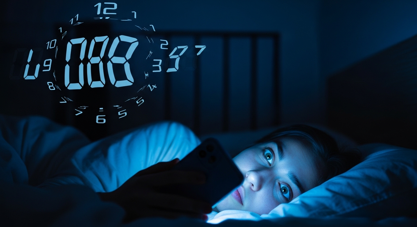 해 질 녘 침대에서 스마트폰을 보는 사람과 그로 인해 깨진 생체 리듬을 상징하는 시계
