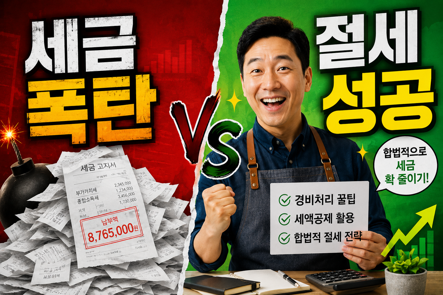 A thumbnail image splitting the screen into a red 'tax bomb' side with receipts and a green 'tax success' side with a smiling owner for a post about 종합소득세 절세.