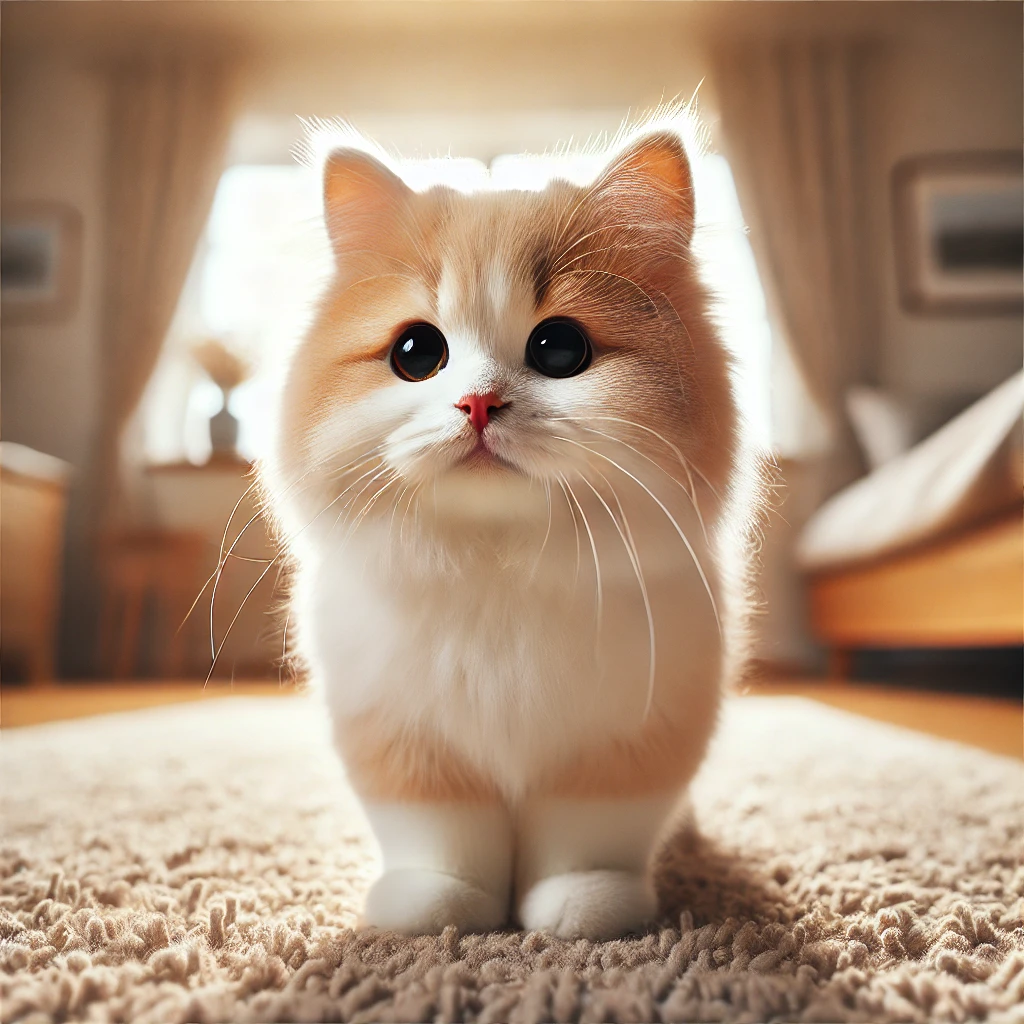 짧은 다리와 길쭉한 몸을 가진 먼치킨 고양이가 햇살이 비치는 실내 러그 위에서 활기찬 표정으로 서 있는 모습.