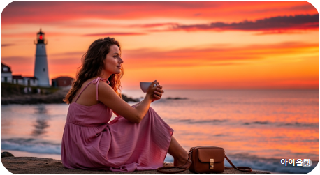 해질녘 등대 앞에서 커피를 들고 앉아 바다를 바라보는 모습