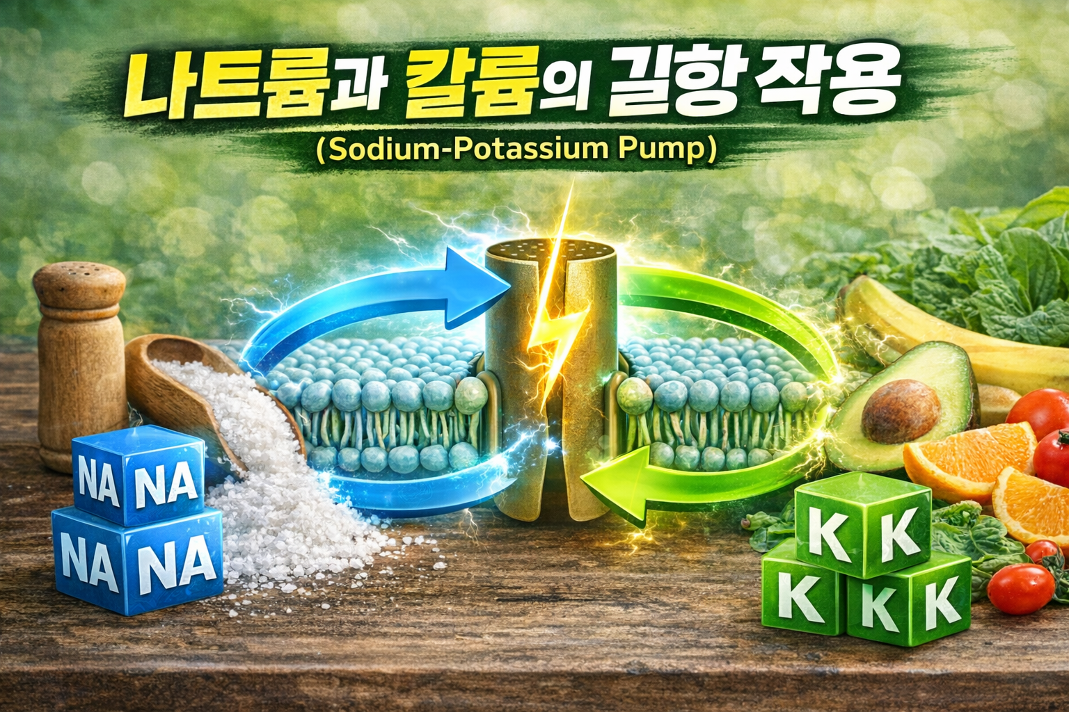 나트륨과 칼륨의 균형을 표현한 이미지로, 소금과 나트륨 블록, 칼륨 식품과 K 블록이 세포막 펌프 그래픽을 중심으로 대비되어 있는 썸네일