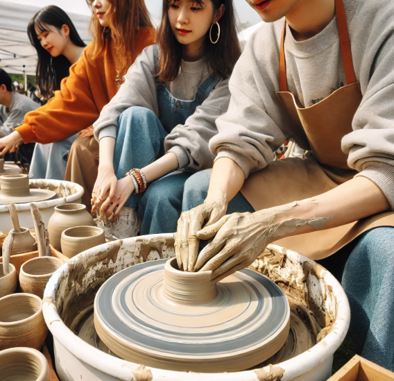 물레 체험을 하고 있는 사람들의 모습
