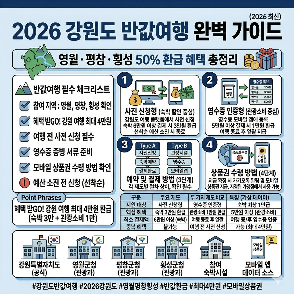 강원도 반값여행 환급 혜택&middot;신청 방법&middot;지역별 차이 인포그래픽