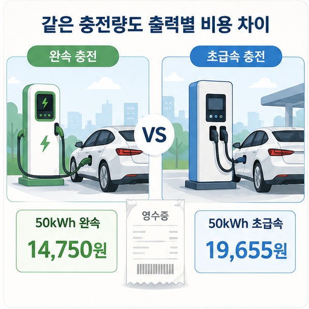공공 충전기에서 50kWh를 충전할 때 완속은 1만4천750원, 200kW 이상 초급속은 1만9천655원이 드는 비용 차이를 보여 주는 그림