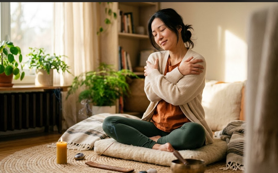 스스로를 안아주는 듯한 따뜻한 명상하는 모습