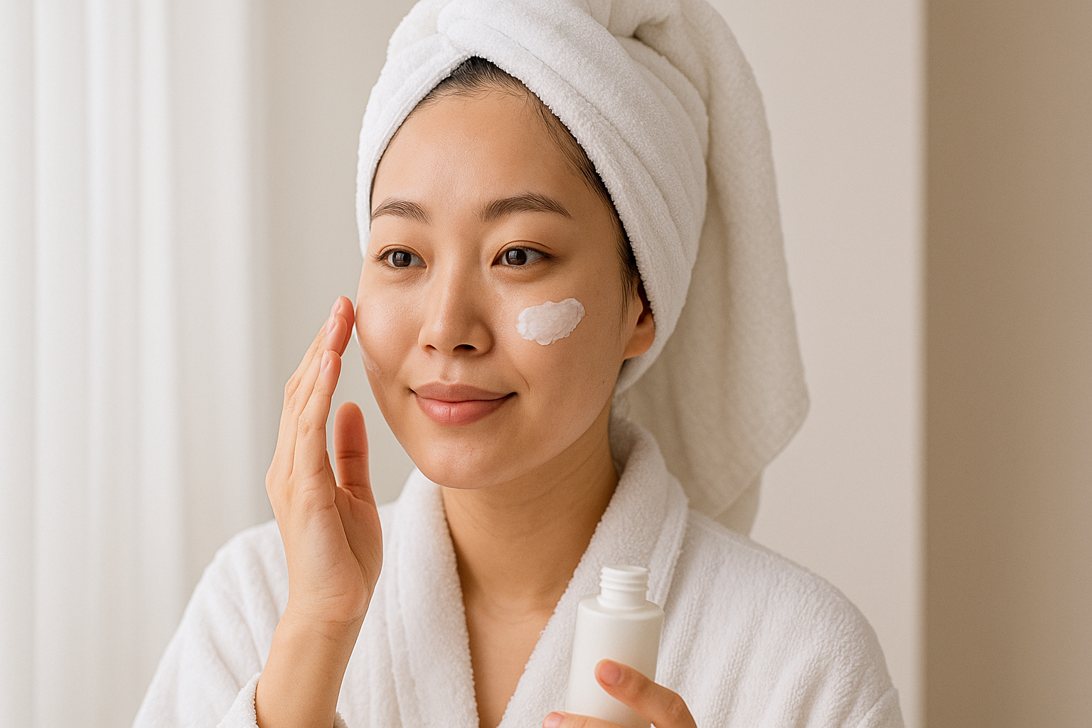 세안 후 피부 보습하고 있는 여성