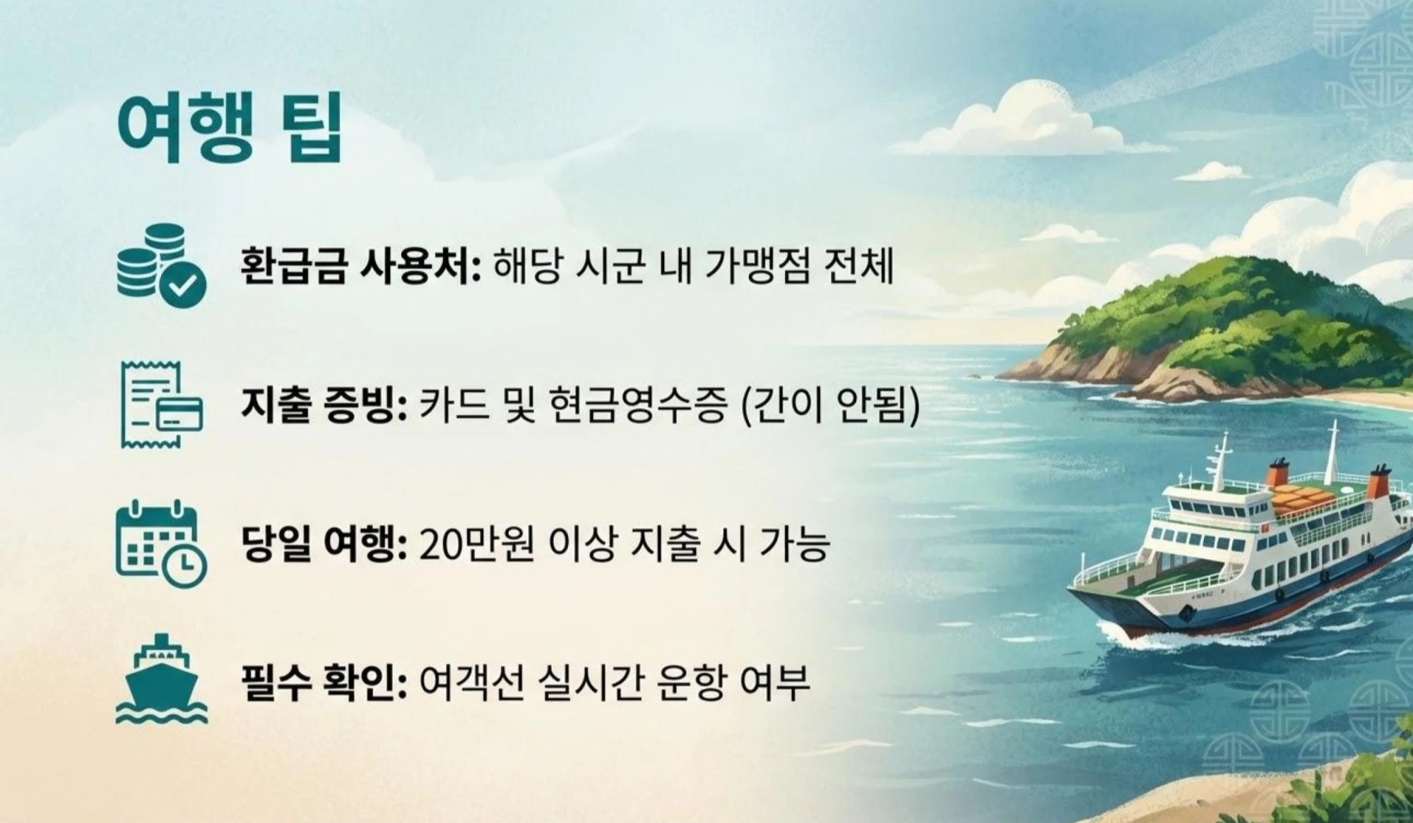 섬을 오가는 여객선 일러스트와 함께 환급금 사용처(해당 시군 내 가맹점 전체), 지출 증빙(카드 및 현금영수증), 당일 여행 조건(20만원 이상 지출 시 가능), 필수 확인 사항(여객선 실시간 운항 여부)이 정리된 이미지