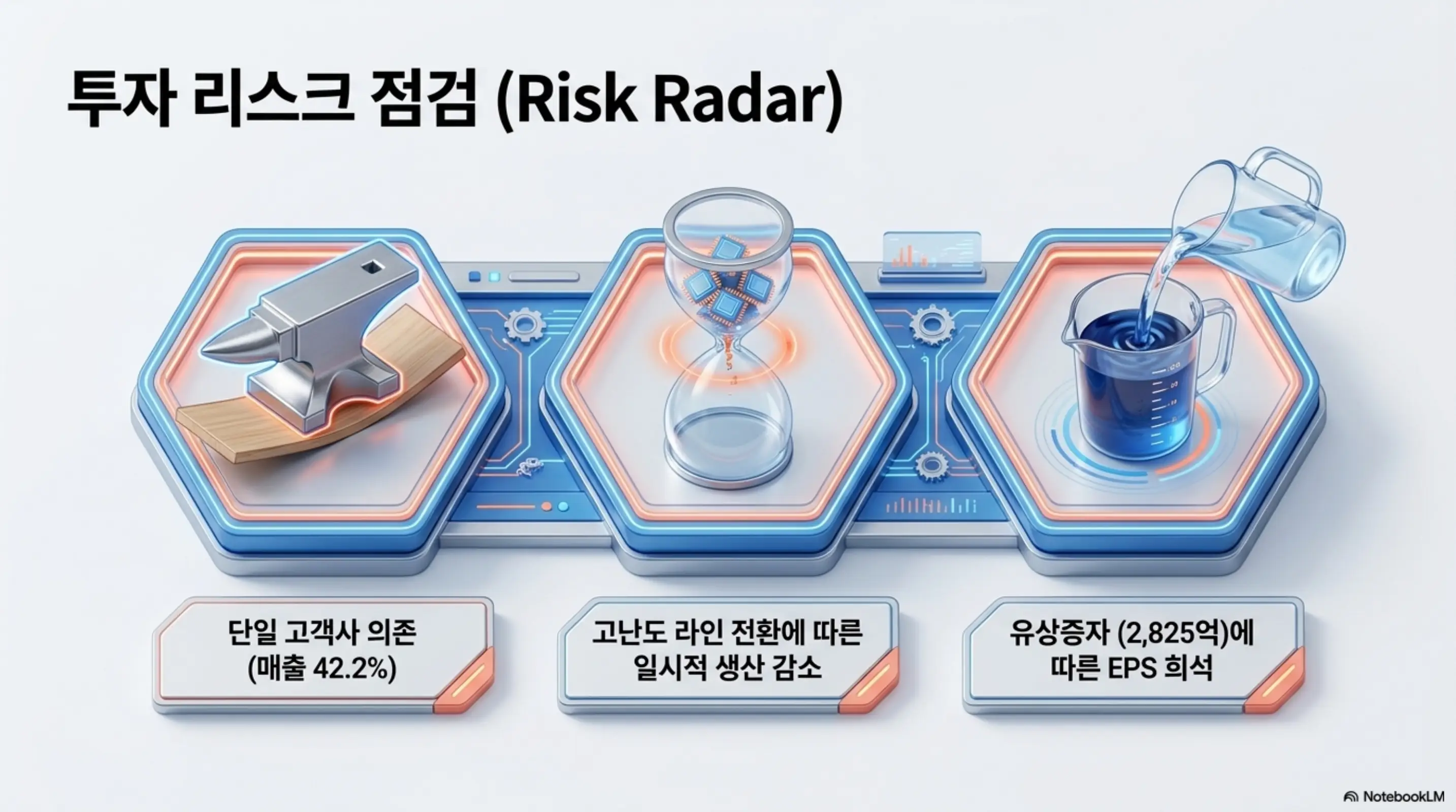 이수페타시스 주가 전망: 이수페타시스의 투자 리스크를 점검한 인포그래픽. 단일 고객사 매출 의존 42.2%, 고난도 라인 전환에 따른 일시적 생산 감소, 유상증자 2,825억원에 따른 EPS 희석이라는 세 가지 핵심 위험 요인을 육각형 레이더 형태로 정리했다