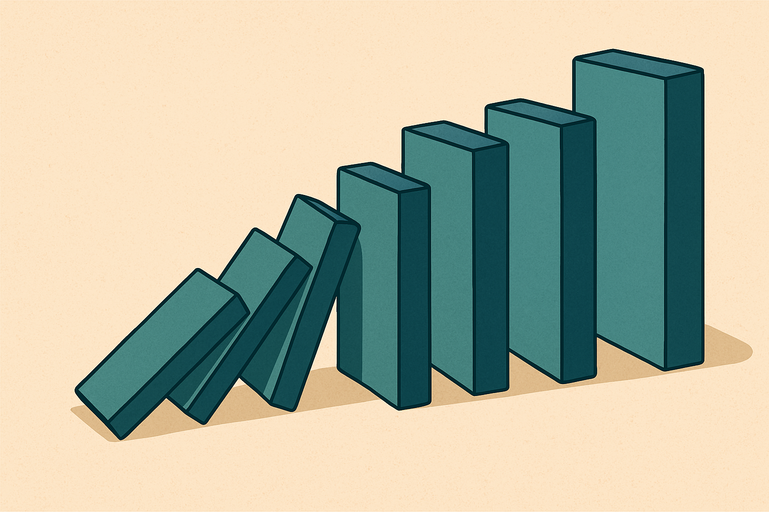 왼쪽의 작은 도미노에서 시작되어 점점 큰 도미노로 연쇄적으로 넘어지는 모습을 담은 일러스트. 변화가 확장되는 도미노 효과를 상징적으로 표현.