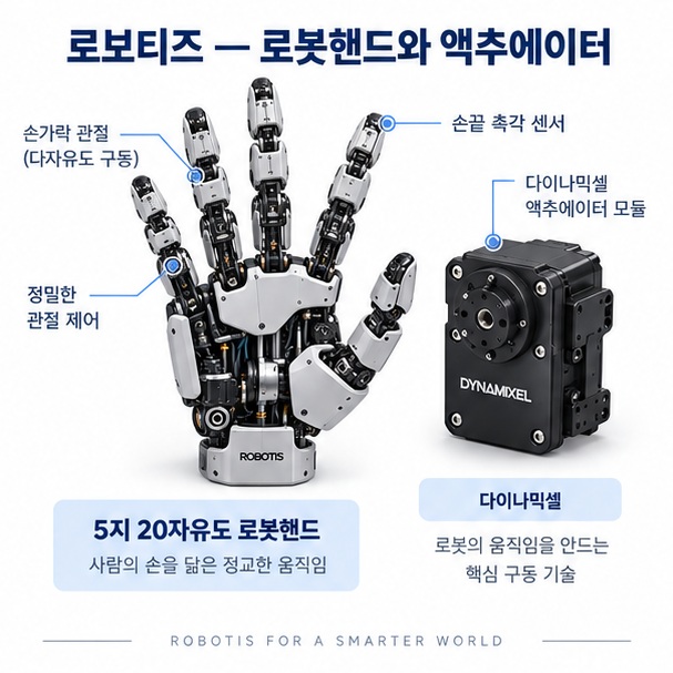 5지 20자유도 로봇핸드와 손가락 관절 액추에이터 구조를 표현한 이미지