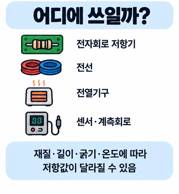 전자회로 저항기 전선 전열기구 센서 등 저항이 활용되는 대표적인 예를 보여주는 이미지