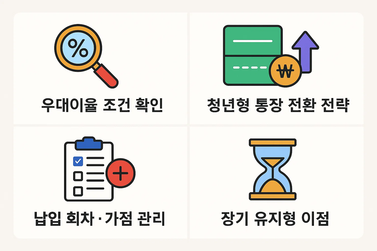 우대금리 조건, 통장 전환 전략, 납입 회차 및 장기 유지형 이점 등 실질적인 금리 상승 활용법을 안내한 인포그래픽