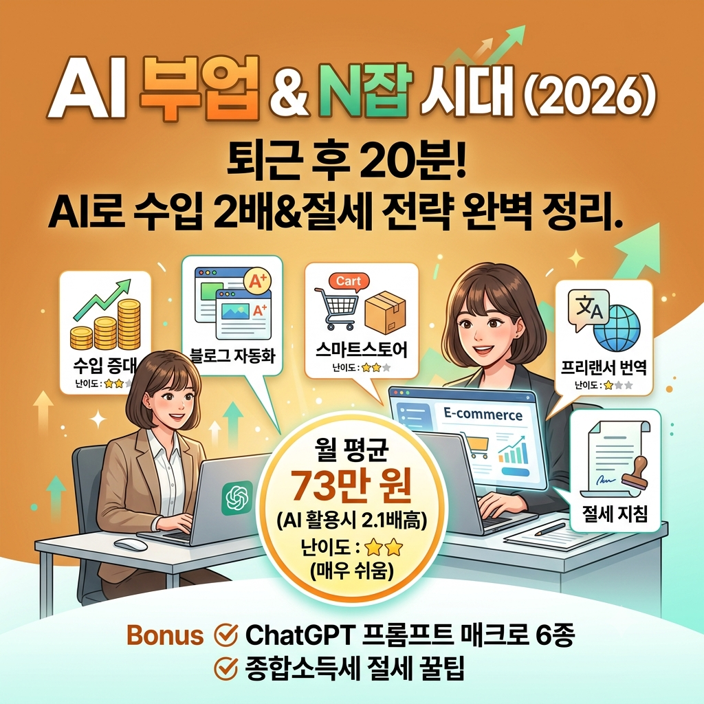 2026년 AI 기반 부업 및 N잡 시대를 주제로 한 썸네일 이미지로, '퇴근 후 20분! AI로 수입 2배&amp;절세 전략 완벽 정리.'라는 메인 타이틀과 함께 블로그 자동화, 스마트스토어, 프리랜서 번역, 절세 지침 등 4가지 주요 부업 유형과 핵심 메트릭, 그리고 보너스 혜택을 시각적으로 명확하게 보여주는 현대적인 일러스트레이션입니다.
