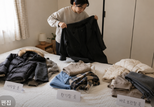 침대 위에서 겨울옷을 세 무더기로 나누어 정리하는 모습