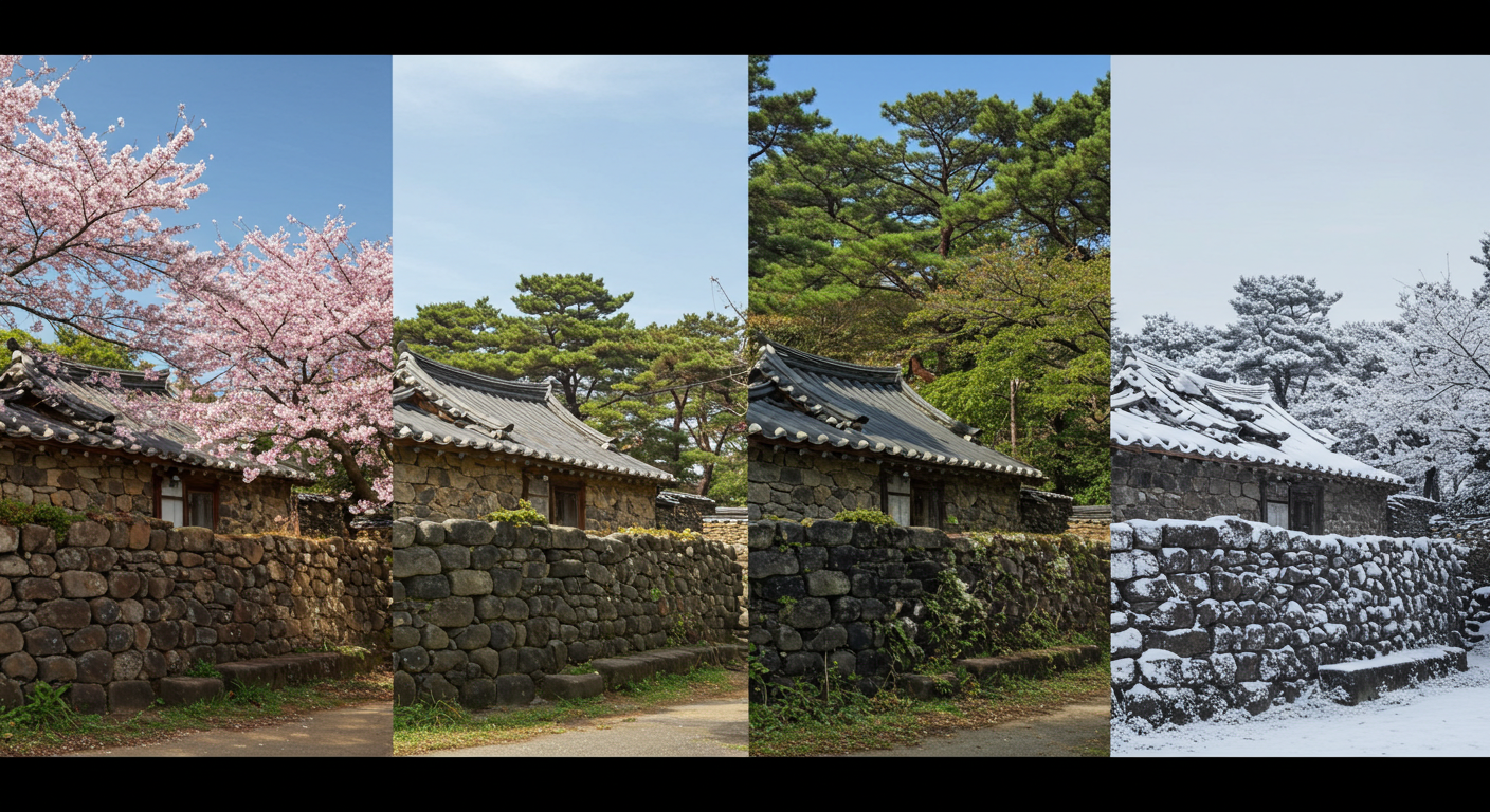 제주 전통 돌담집을 배경으로 한 사계절 풍경