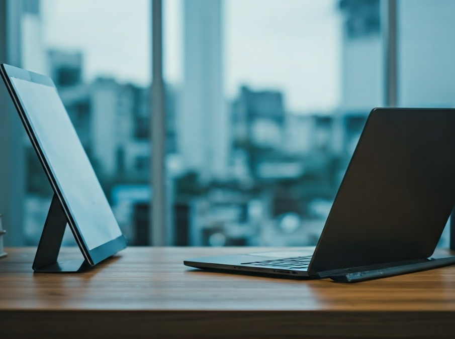 테이블위에 노트북과 태블릿
