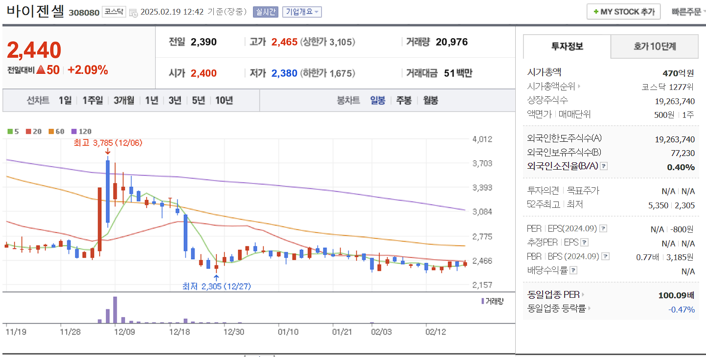 면역항암제 관련주 대장주 바이젠셀 일봉 차트