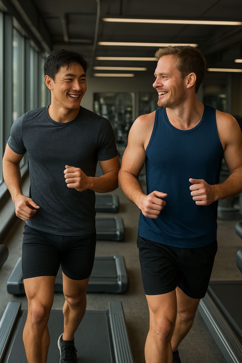 헬스장에서 운동 중인 아시아인과 서양인 남성이 나란히 서 있으며, 아시아인의 두껍고 선명한 종아리 근육이 서양인보다 두드러지게 표현된 모습