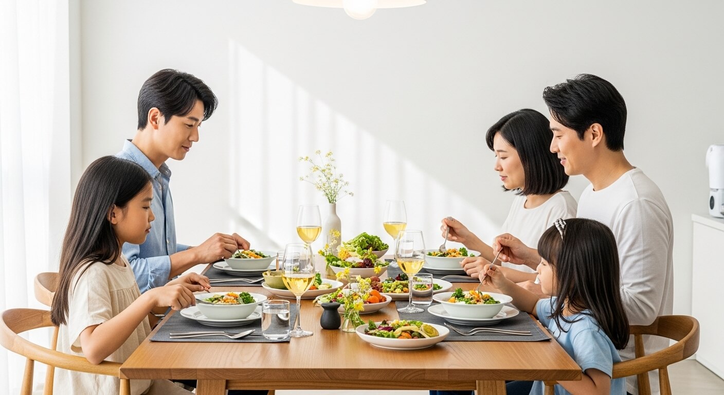 강원도 웰니스 리조트에서 신선한 제철 재료로 만든 건강한 식사를 마인드풀 이팅하며 즐기는 가족의 모습.