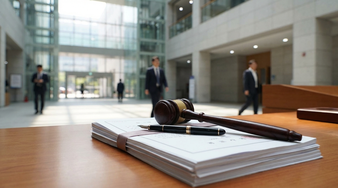 장기요양 등급 판정 불복 절차와 이의신청 권리를 상징하는 서류와 법봉의 모습