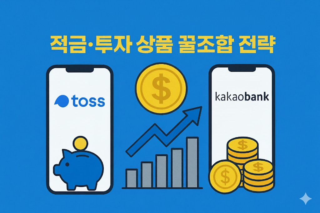 토스, 카카오뱅크를 활용한 적금 투자 상품 꿀조합 전략 시각화. 저축 통장과 주식 투자 계좌 활용 팁