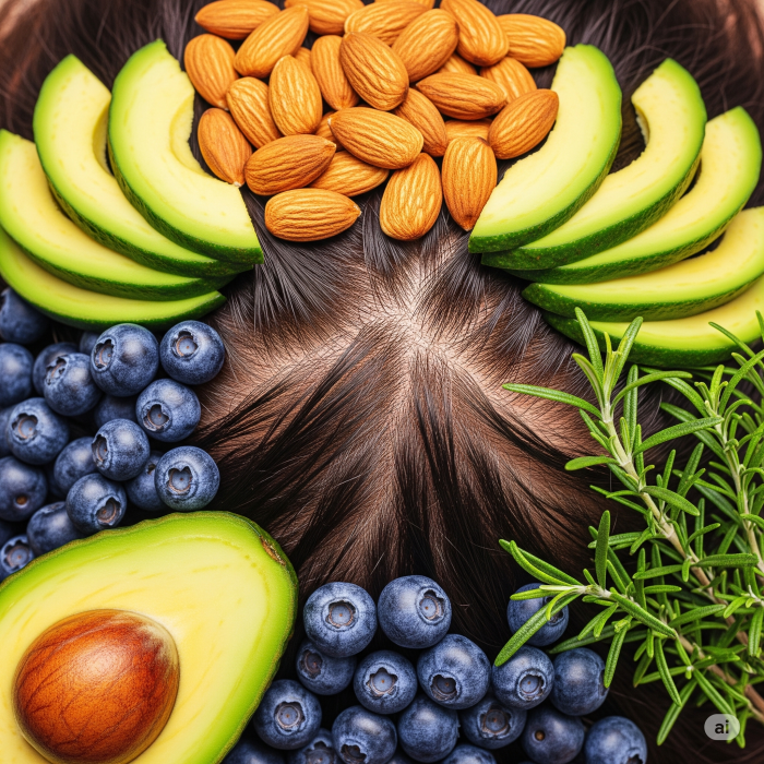 영양소가 풍부한 음식들(아보카도, 아몬드, 블루베리)에 둘러싸인 건강하고 깨끗한 두피와 모근 클로즈업 이미지.