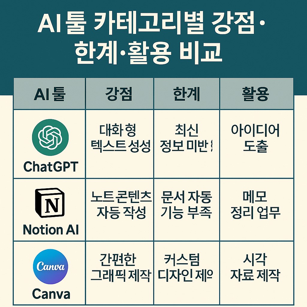 AI 툴 카테고리별 강점&middot;한계&middot;활용 비교 인포그래픽
