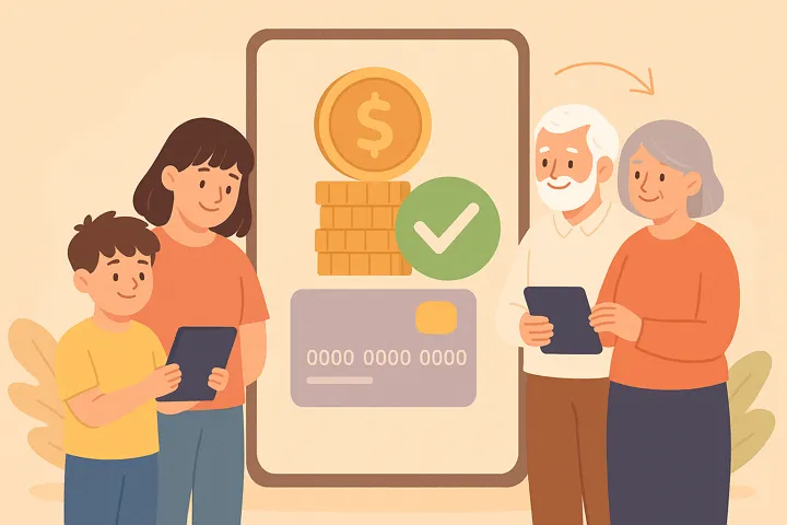 모바일로 돈을 주고받는 부모와 성인 자녀의 일러스트, 증여 개념 표현