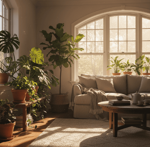 햇살이 스며드는 창가와 화분이 놓인 조용한 집 안의 순간
