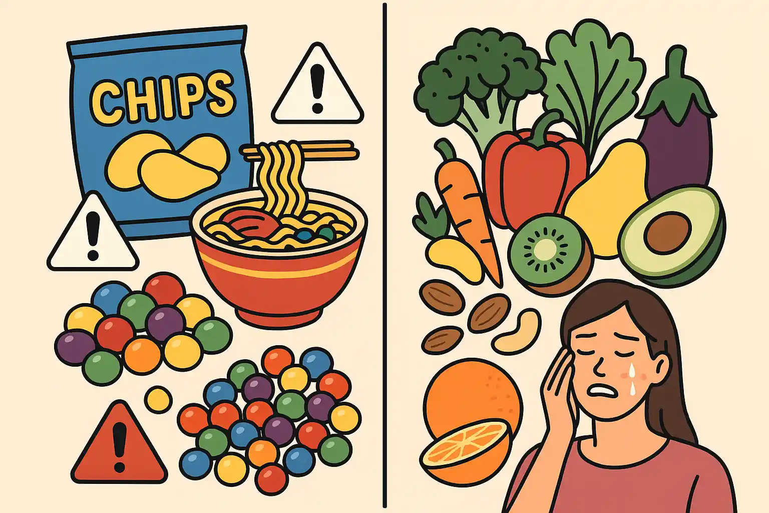 가공식품, 라면, 인공색소가 많은 음식과 신선한 채소&middot;과일&middot;견과류를 비교하는 식단 이미지